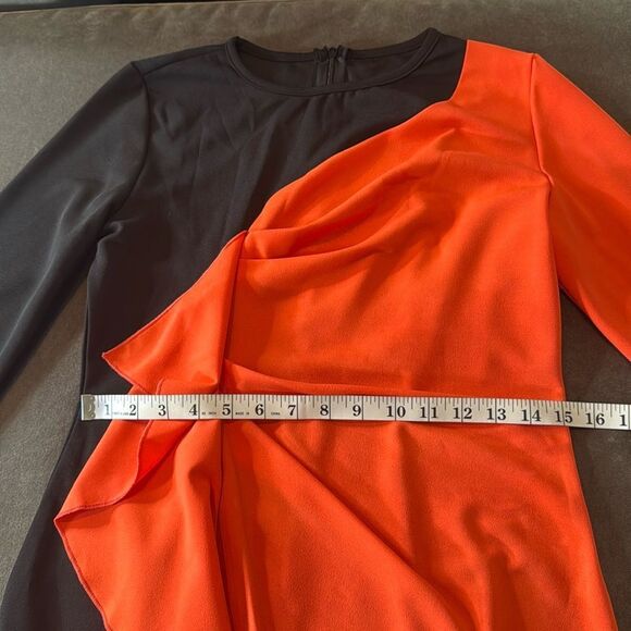Women’s Black & Orange Asymmetrical Ruffle Midi Dress 3/4 Sleeve Zip Back Size M - Picture 9 of 14